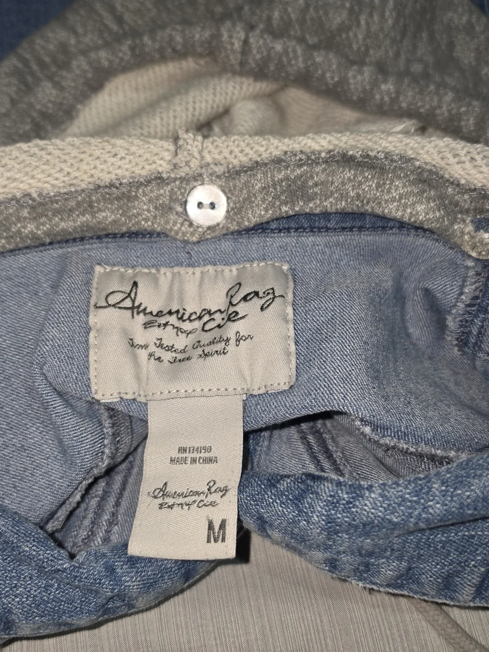 American Rag Blue Denim Jacket with Gray Hooded Sleeves